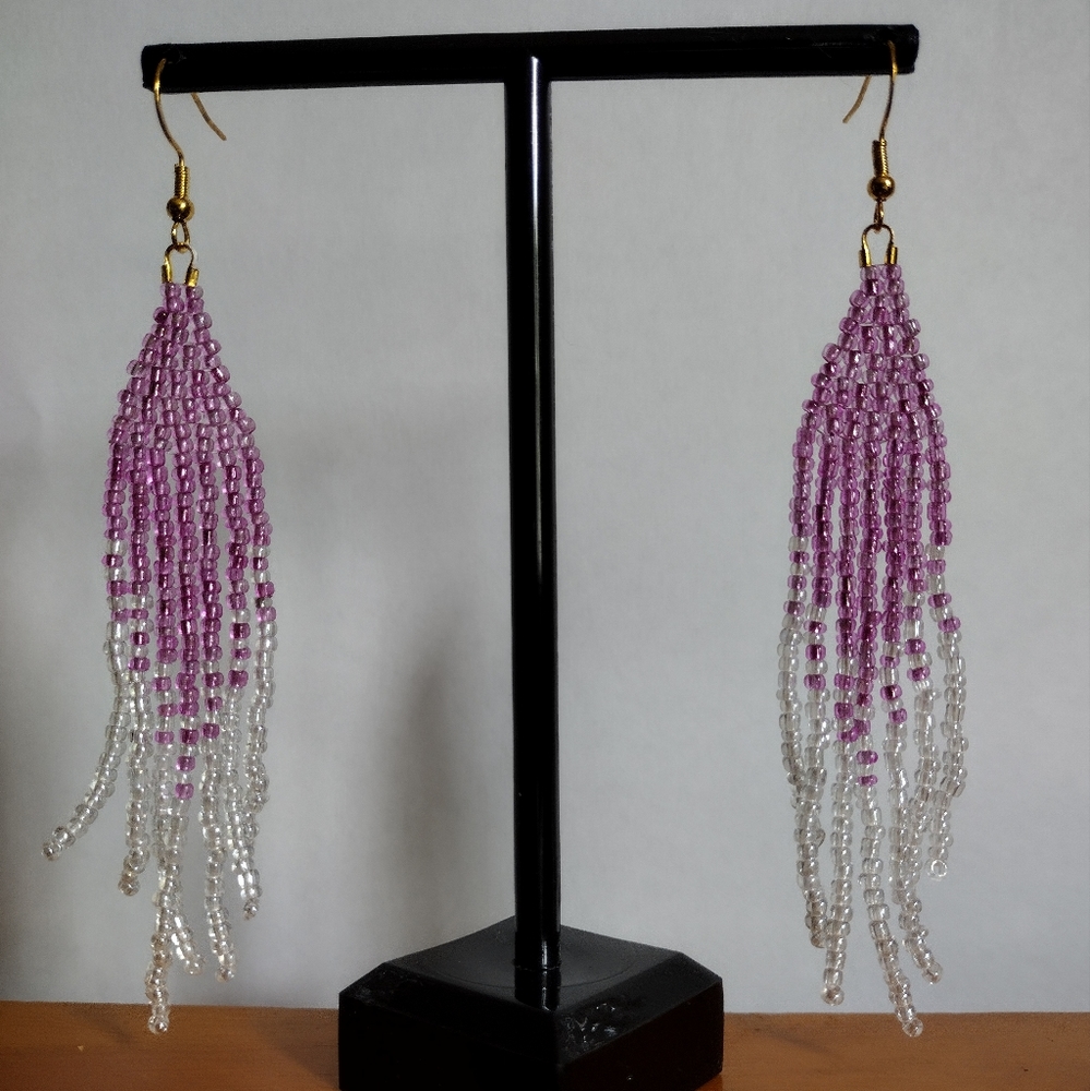 Beautiful 4" Beaded Pink Fringe Dangle S925 Earrings